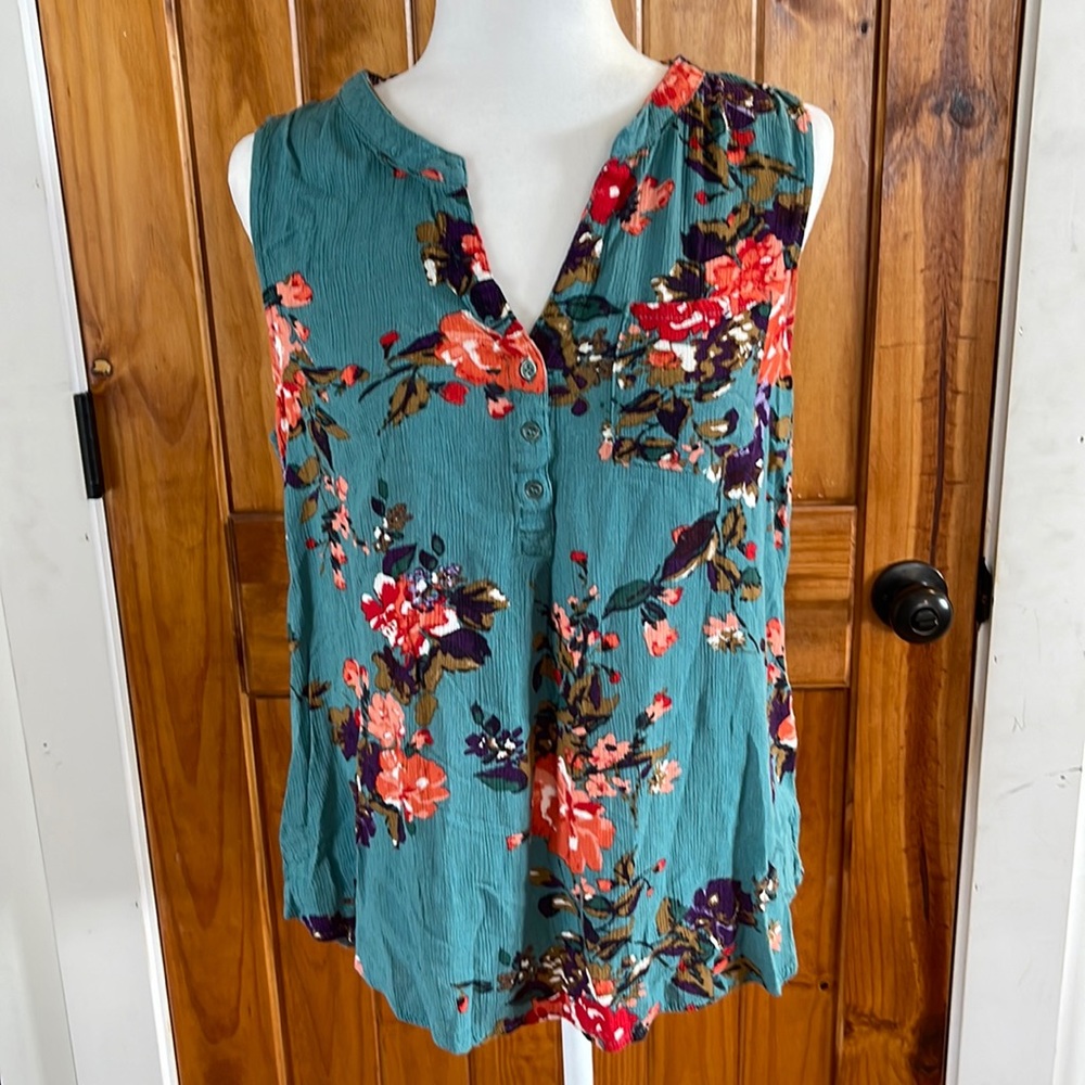 Market & Spruce Teal Green Turquoise Floral Sleeveless via neck Button up Top XL